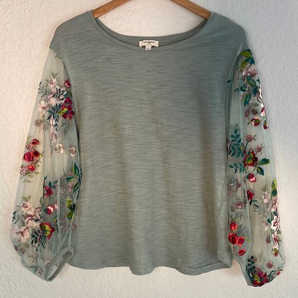 Umgee Sage Green Balloon Embroidered Sheer Sleeves Cottage Boho Fall - Picture 1 of 6